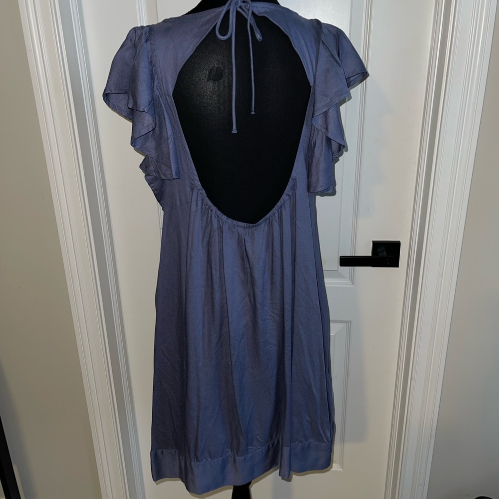 Blue Ruffled Tiered Mini Sundress with Flutter Sleeves